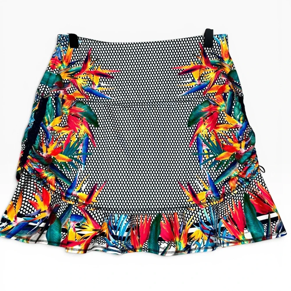Lucky in Love Copa Ruched Tennis Skort Small Multicolor Floral Bird of Paradise